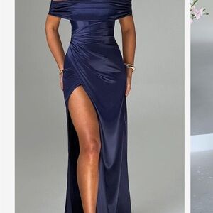 Elegant Navy Off-Shoulder Evening Dress